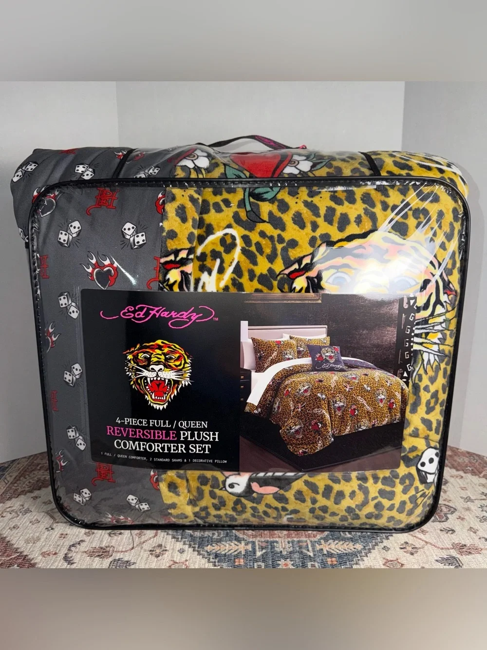 Ed Hardy Yellow and Black Leopard Reversible Plush Comforter Set